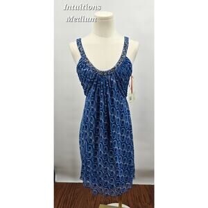 Intuitions Silk Beaded Blue Dress M Boho Resort Vacation Empire Waist Mini NWT